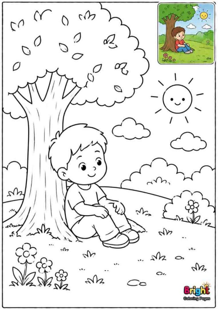 Child Sitting Under a Tree printable coloring page for preschool kids