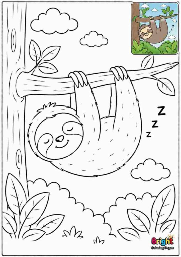 Sleepy sloth free printable coloring page for children