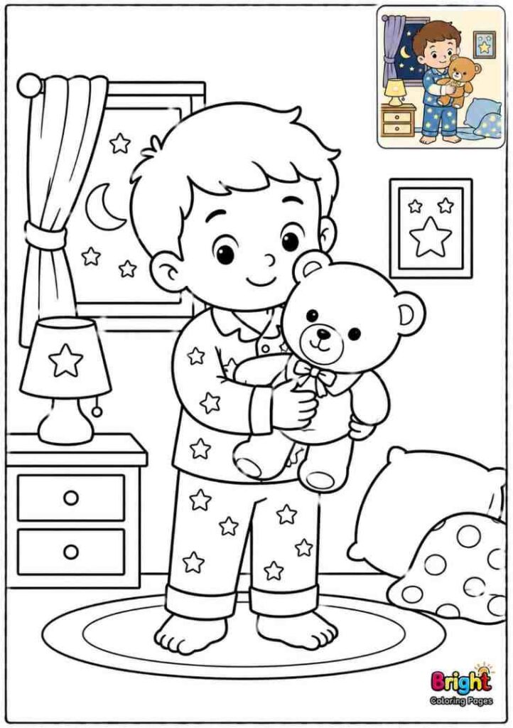 Child in pajamas holding a teddy bear coloring page for kids