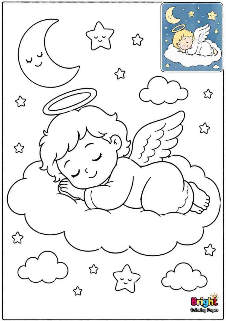 Little Angel Sleeping free coloring page for preschool kids