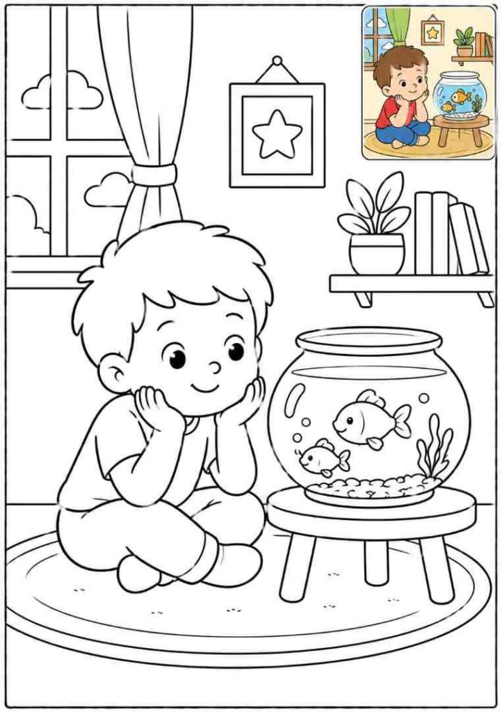 Child Sitting by a Fish Bowl coloring page