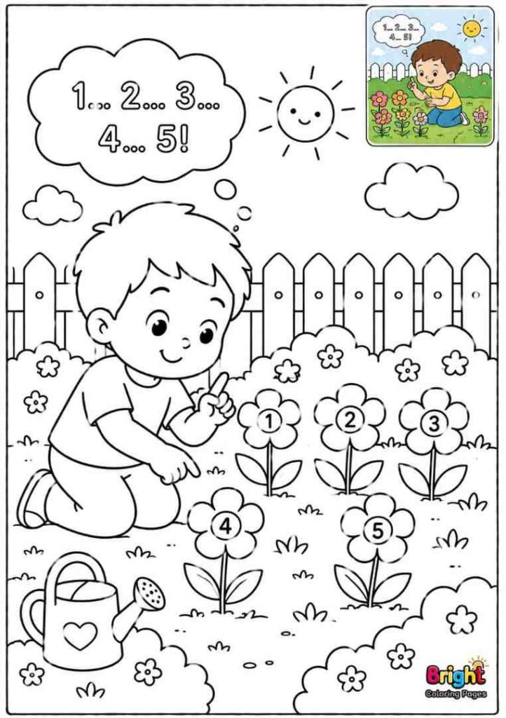 Child Counting Flowers free download coloring page for preschool kids