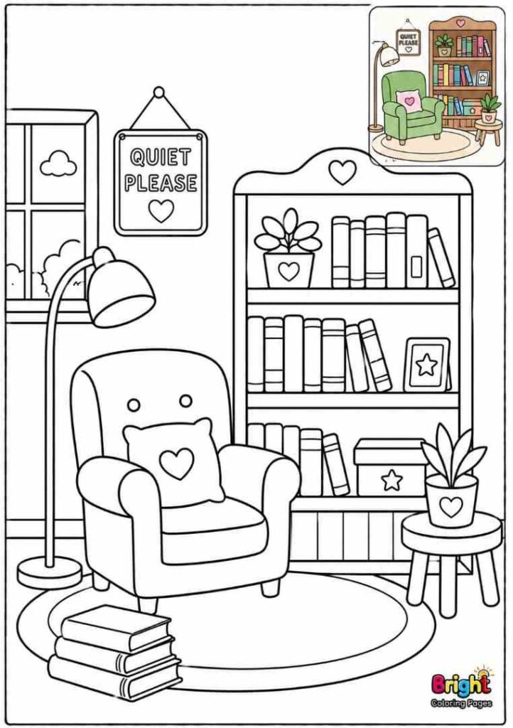 Quiet Library Corner free printable coloring pages for children
