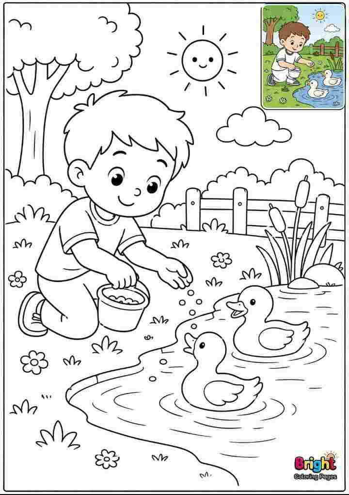Child Feeding Ducks free printable coloring pages for kids