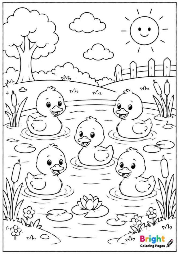 Five Little Ducks free printable coloring page for preschool kids 
