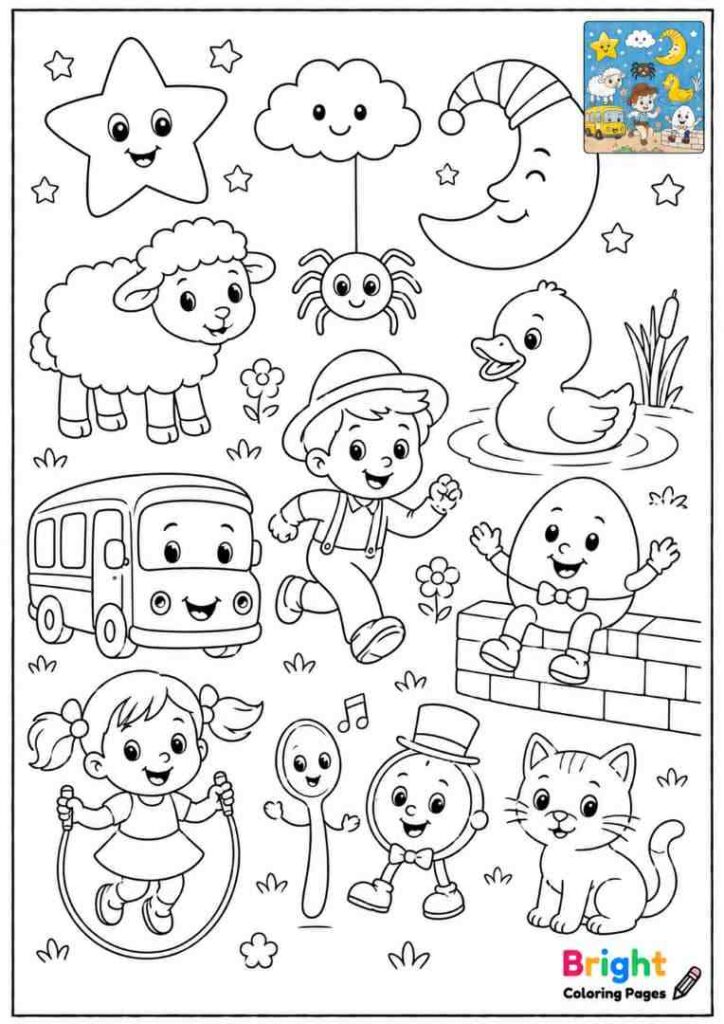 Nursery Rhymes Collage Page coloring page for preschool kids 