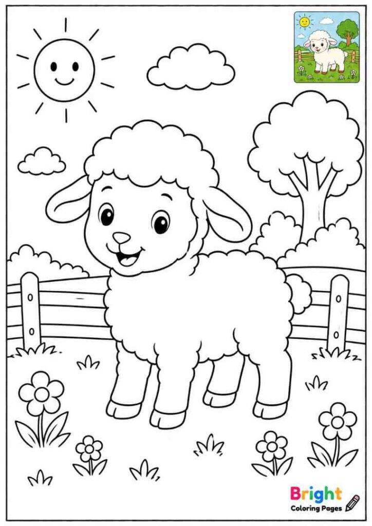 Simple Little Lamb Scene free download coloring page for children 