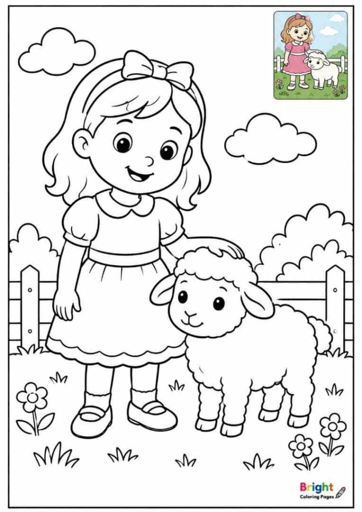 Mary Had a Little Lamb free coloring page for preschool kids 