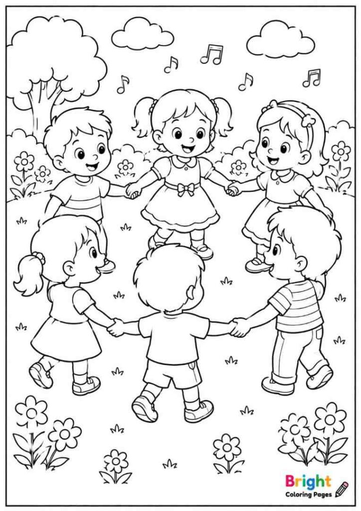 Ring a Ring o Roses free download coloring page for preschool kids 