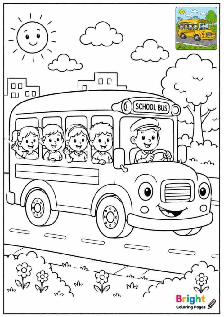 The Wheels on the Bus coloring page for preschool kids 