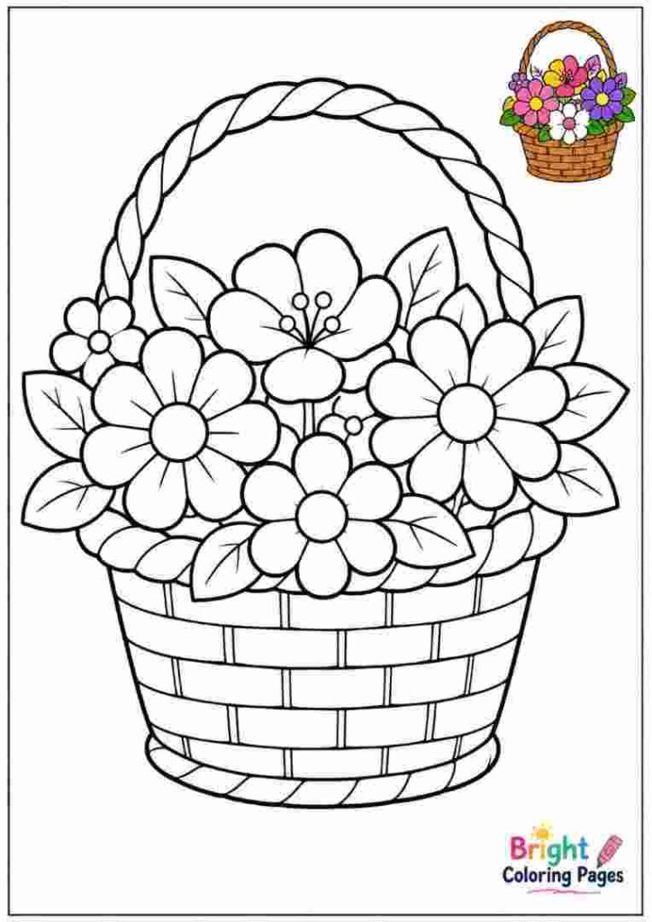 Garden Flower Basket Coloring Page for kids 