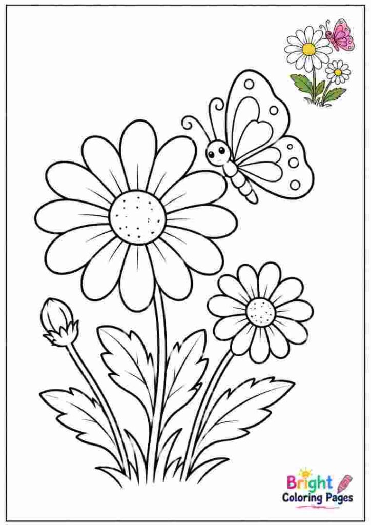 Daisy and Butterfly Coloring Page for kids 