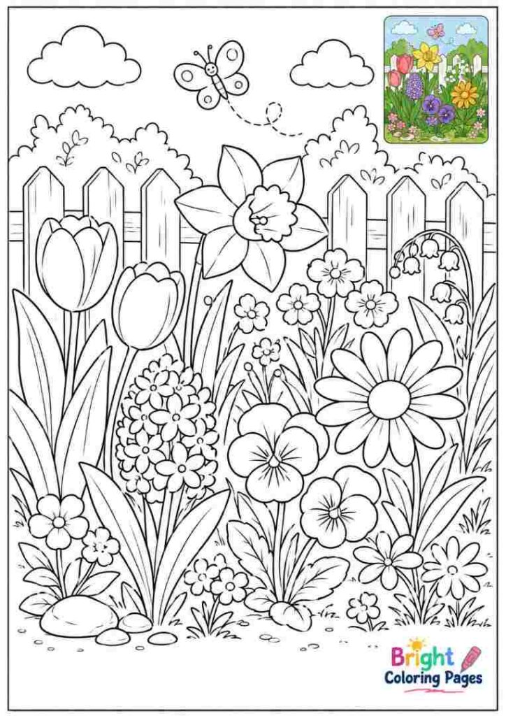 Spring Flower Garden Coloring Page for kids