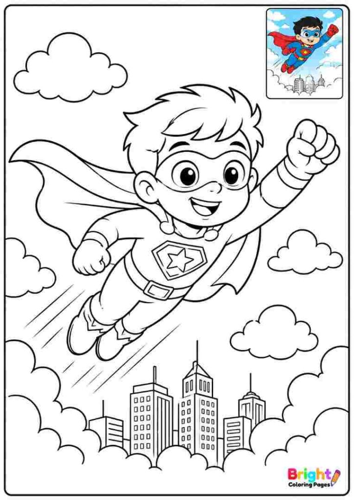 Flying Superhero coloring page for kids 