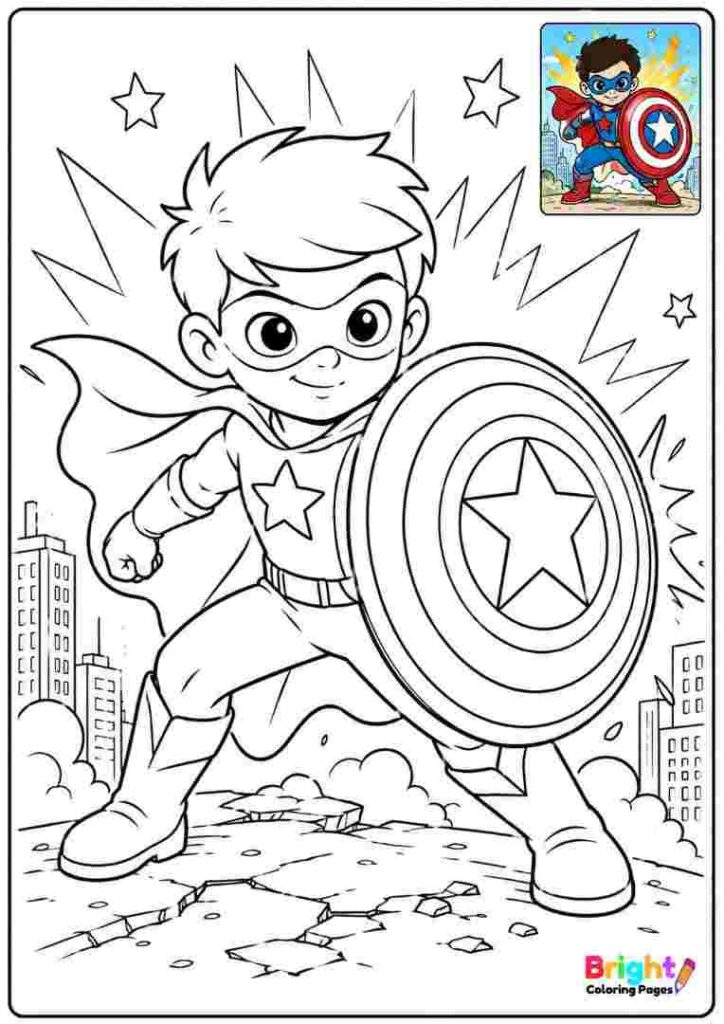 Superhero with Shield coloring page for kids 