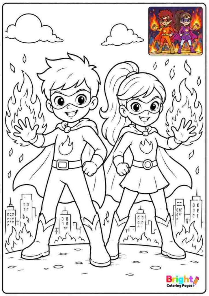 Superhero with Fire Powers coloring page for kids 