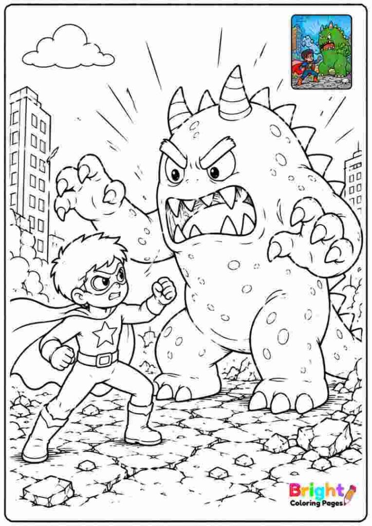 Superhero Fighting a Monster coloring page 