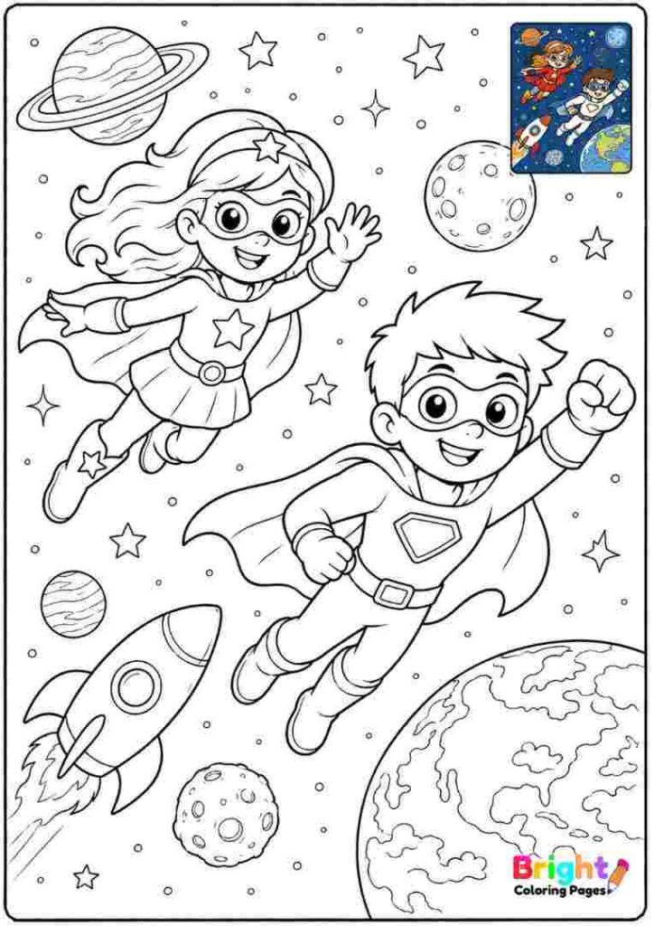 Superhero in Space coloring page for kids 