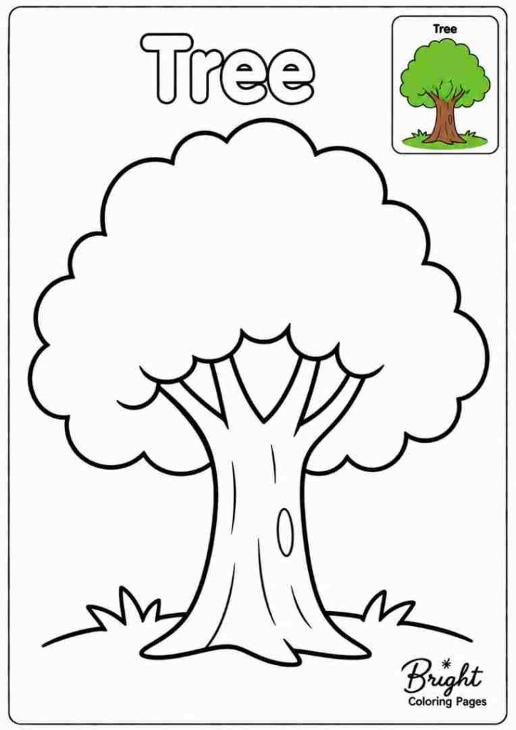 Kindergarten coloring page with a tree for nature learning.