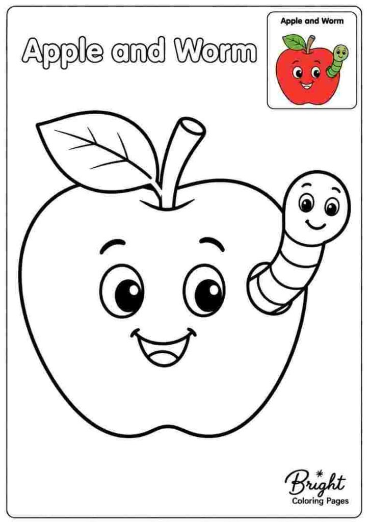 Kindergarten coloring page with an apple and a worm.