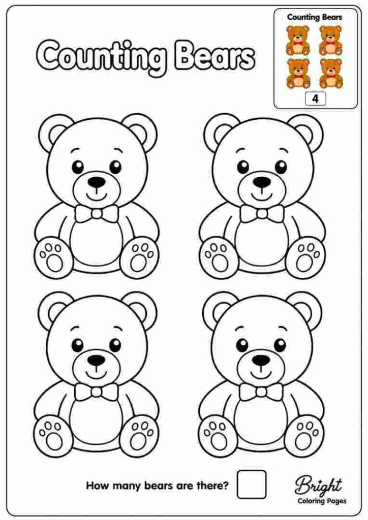 Coloring page for kindergarten with counting bears.