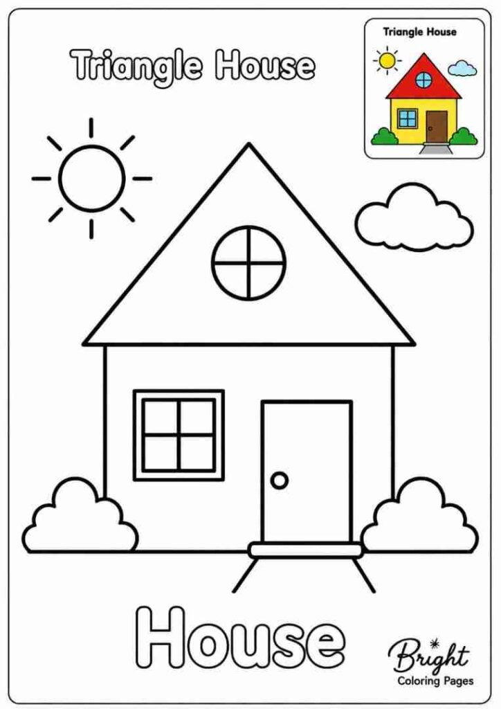 Coloring page for kindergarten with a house and triangle roof.