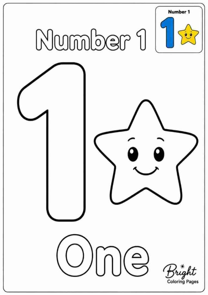 Kindergarten number coloring page with the number 1 and one star.