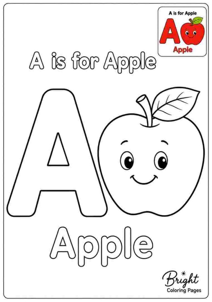 Kindergarten coloring page showing the letter A and an apple.