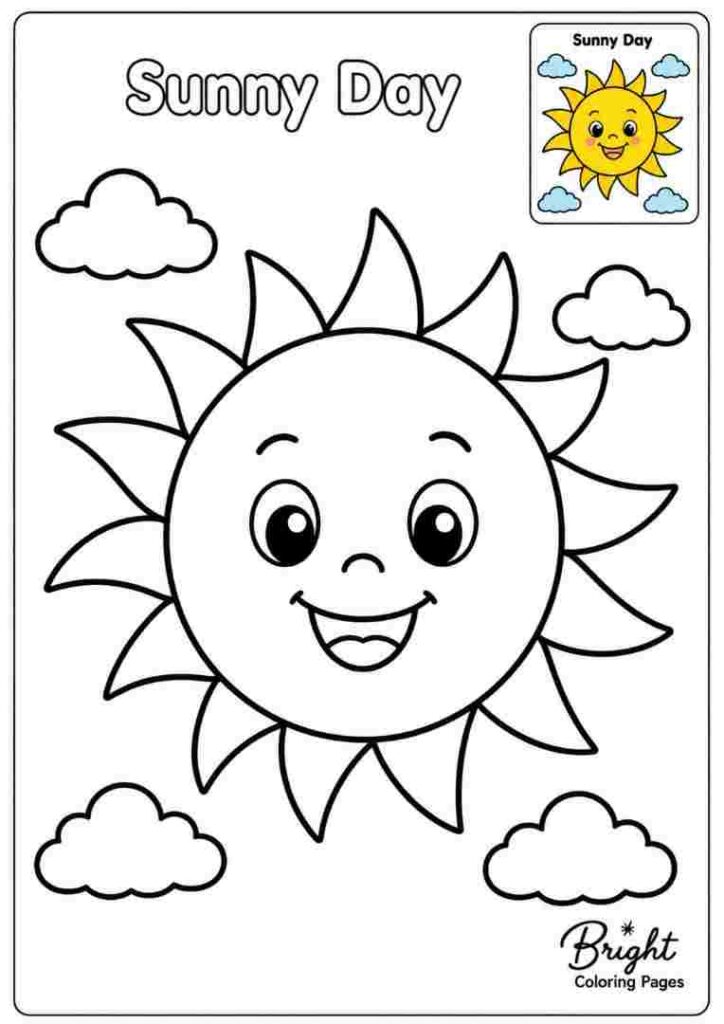 Kindergarten coloring page showing a happy sun for weather learning.