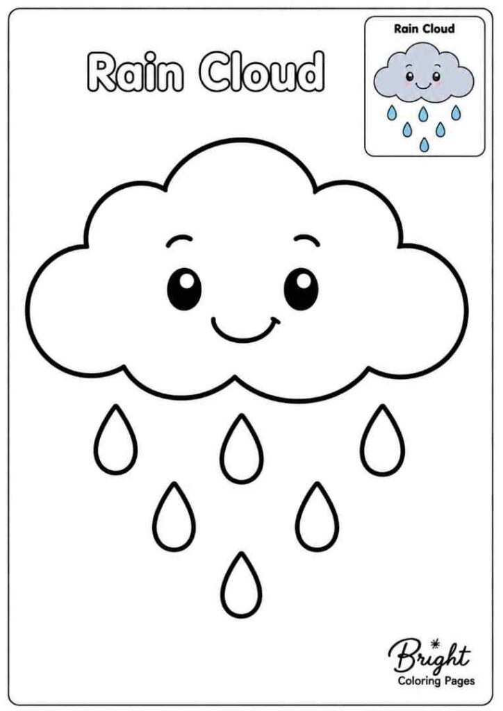 Coloring page for kindergarten showing a rainy cloud.