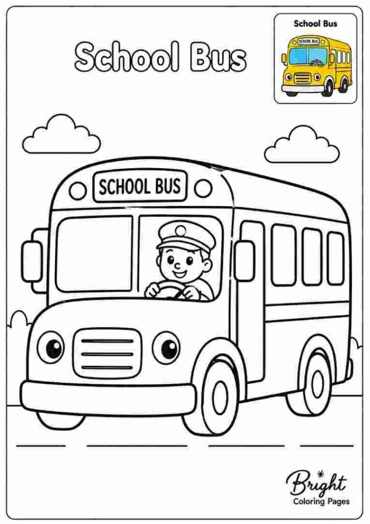 Kindergarten coloring page with a school bus.