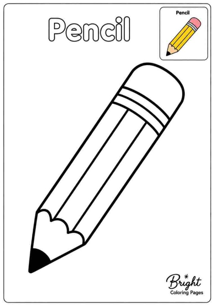 Kindergarten coloring page showing a pencil for school learning.