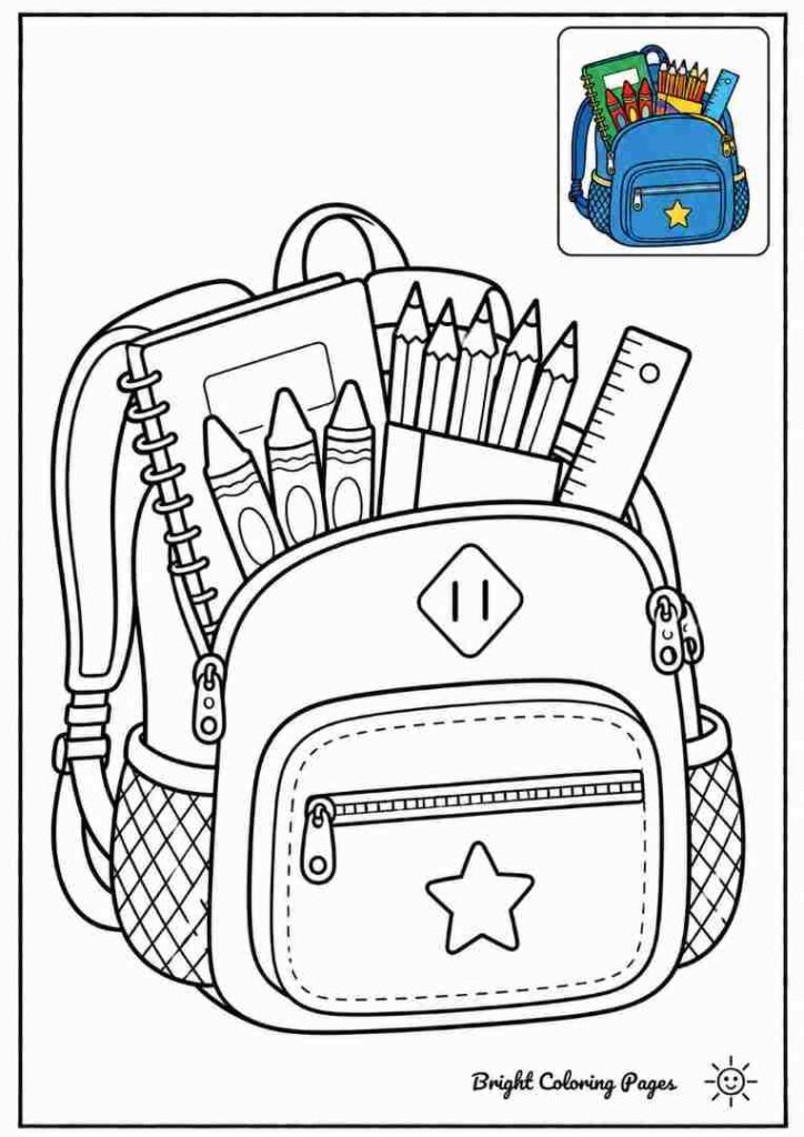 Backpack with Supplies Coloring Page for kids