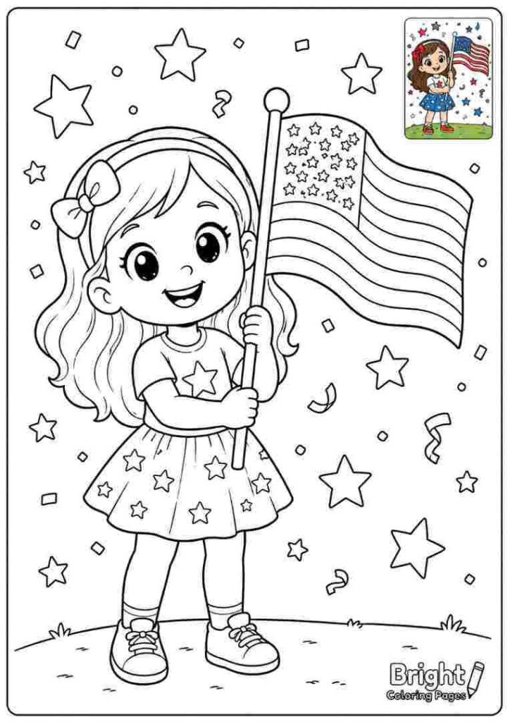 Cute Girl Holding a Flag coloring page for kids 