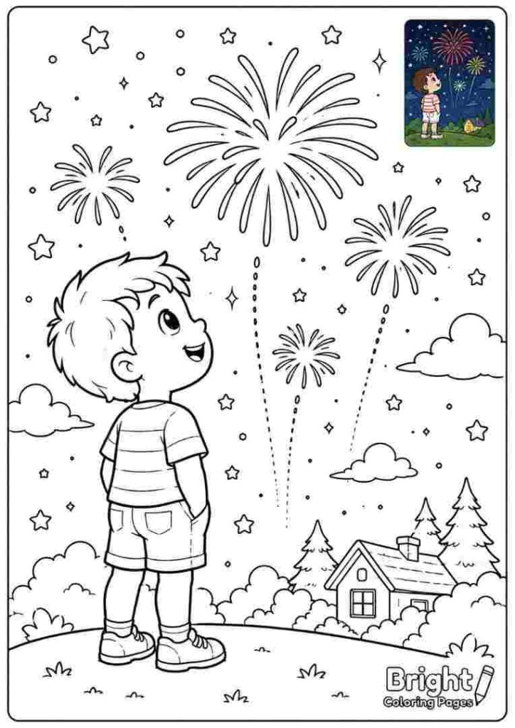 Boy Watching Fireworks coloring pages for kids 