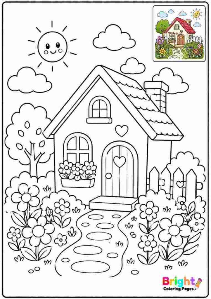 Happy House and Garden Coloring Page for kids 