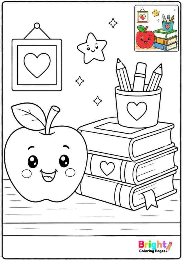 Smiling Apple and Books coloring page for kids 