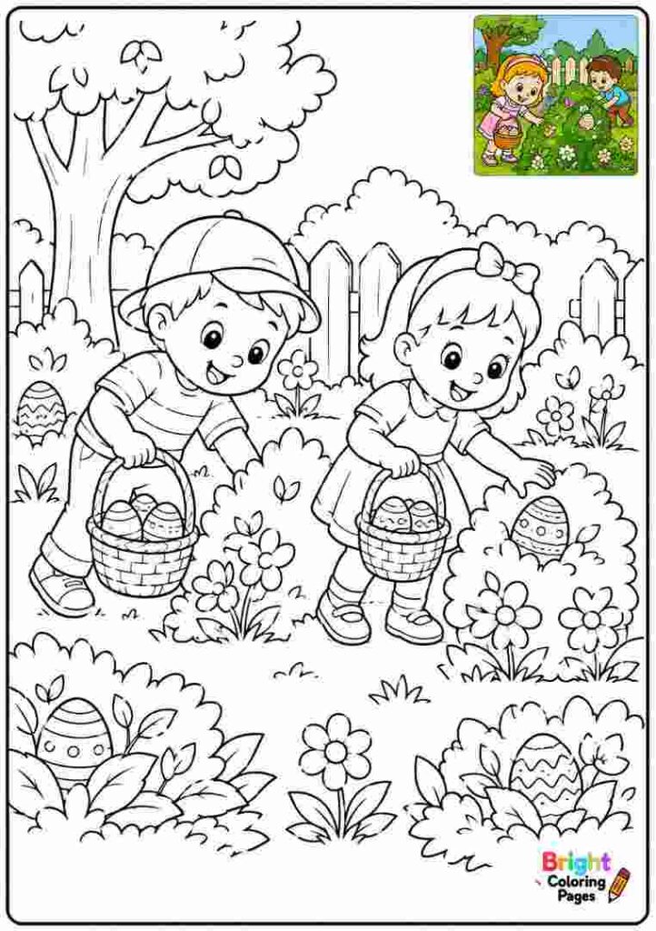 Easter Egg Hunt Scene Coloring Page 