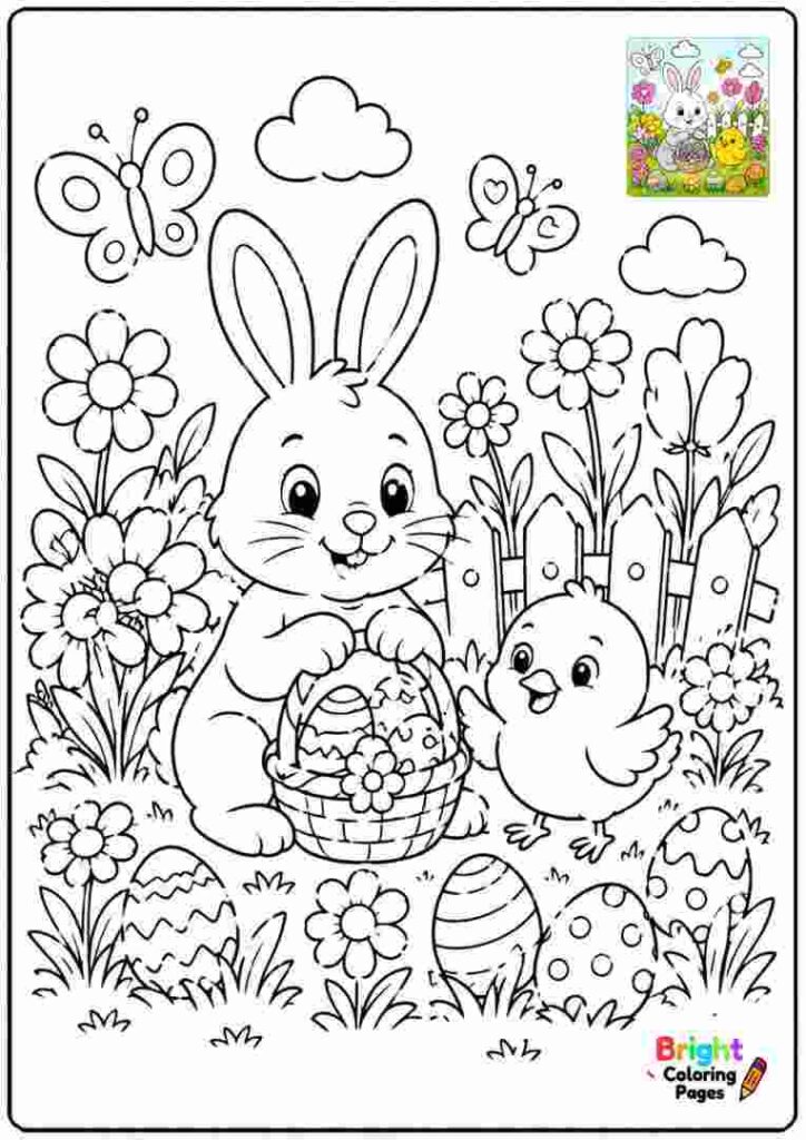 Spring Garden Easter Scene Coloring Page for kids 