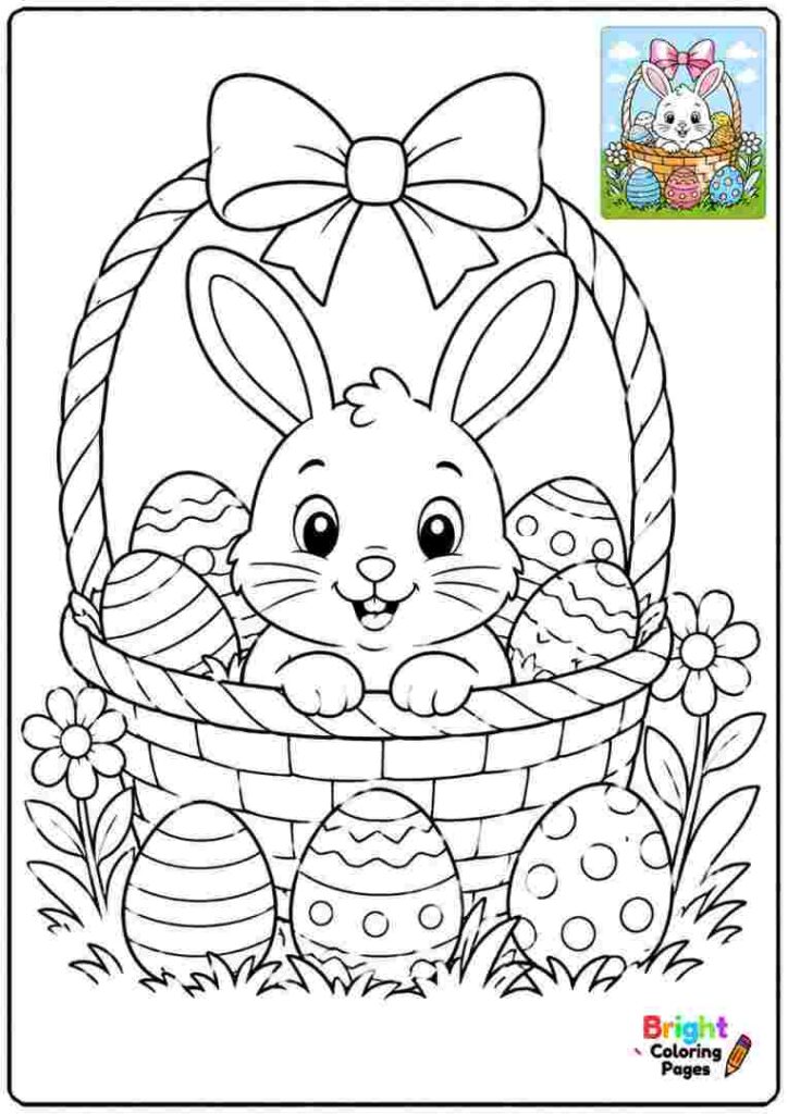 Bunny Sitting In An Easter Basket Coloring page for kids 