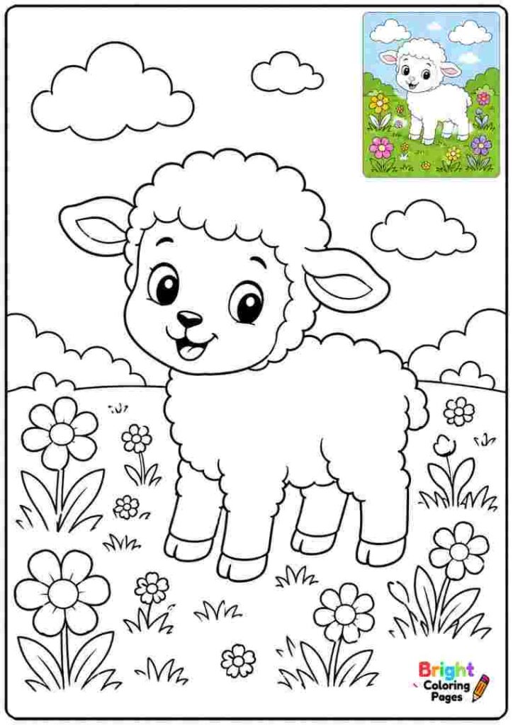 Easter Lamb In The Meadow Coloring page for kids 