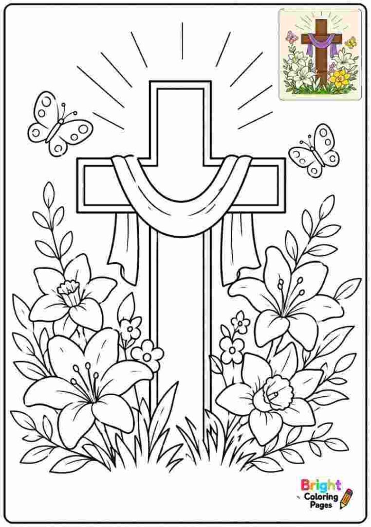 Easter Cross With Flowers Coloring page 