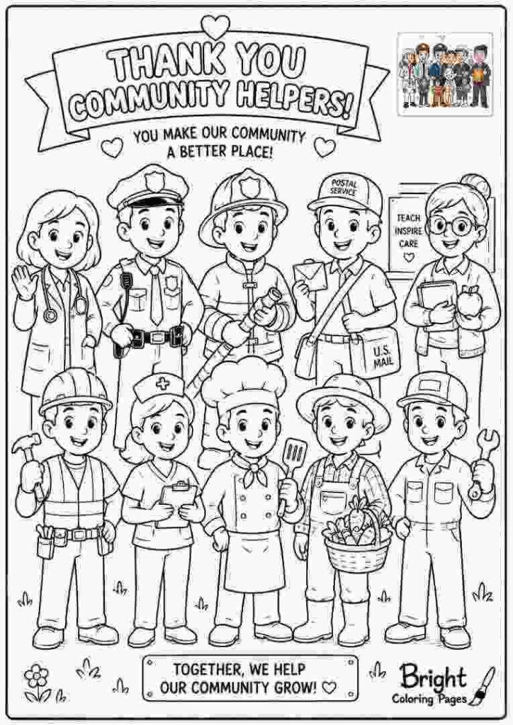 Community Helpers Group Coloring Page