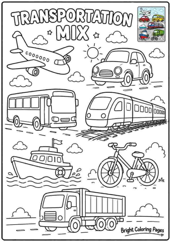 Transportation Mix Coloring Page