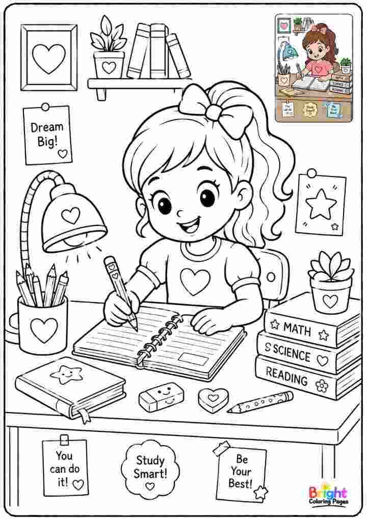 Girl Studying at a Desk Coloring 