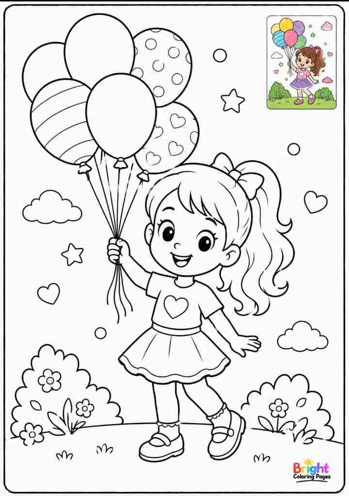 Girl Holding Balloons coloring page 