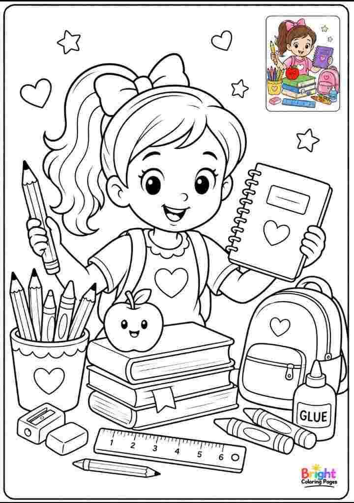 Girl with School Supplies Coloring Page
