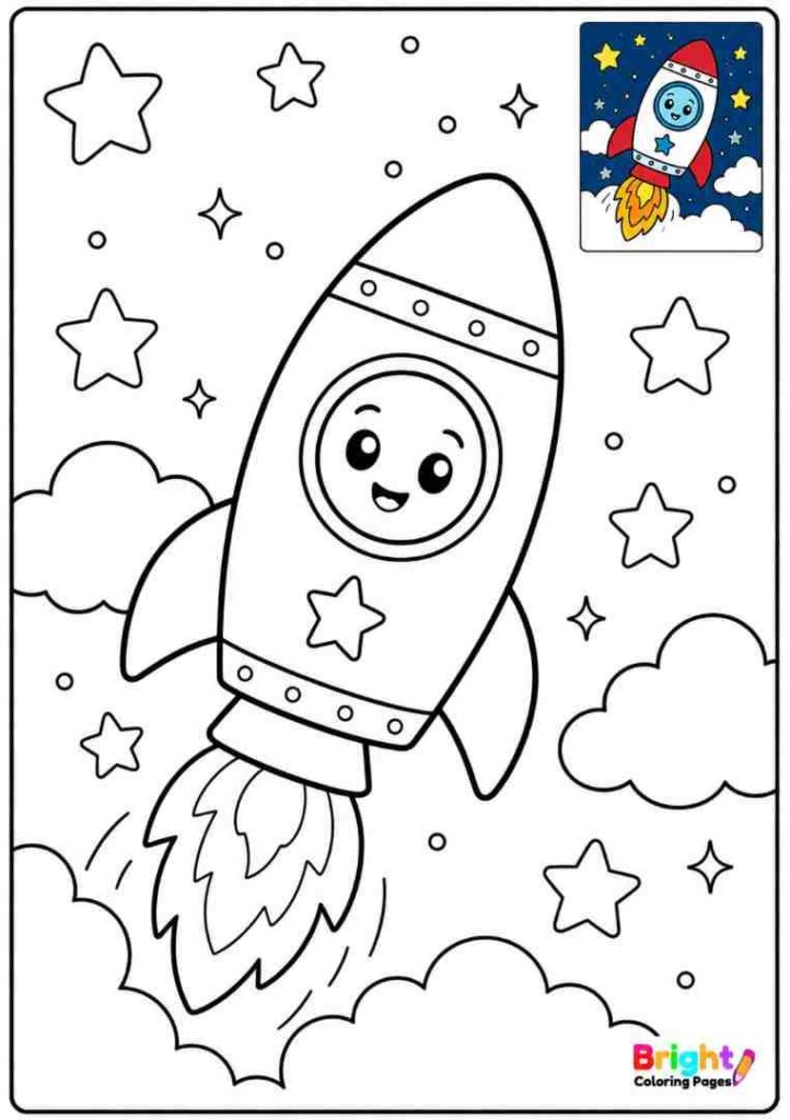 Cute Rocket With Clouds And Stars