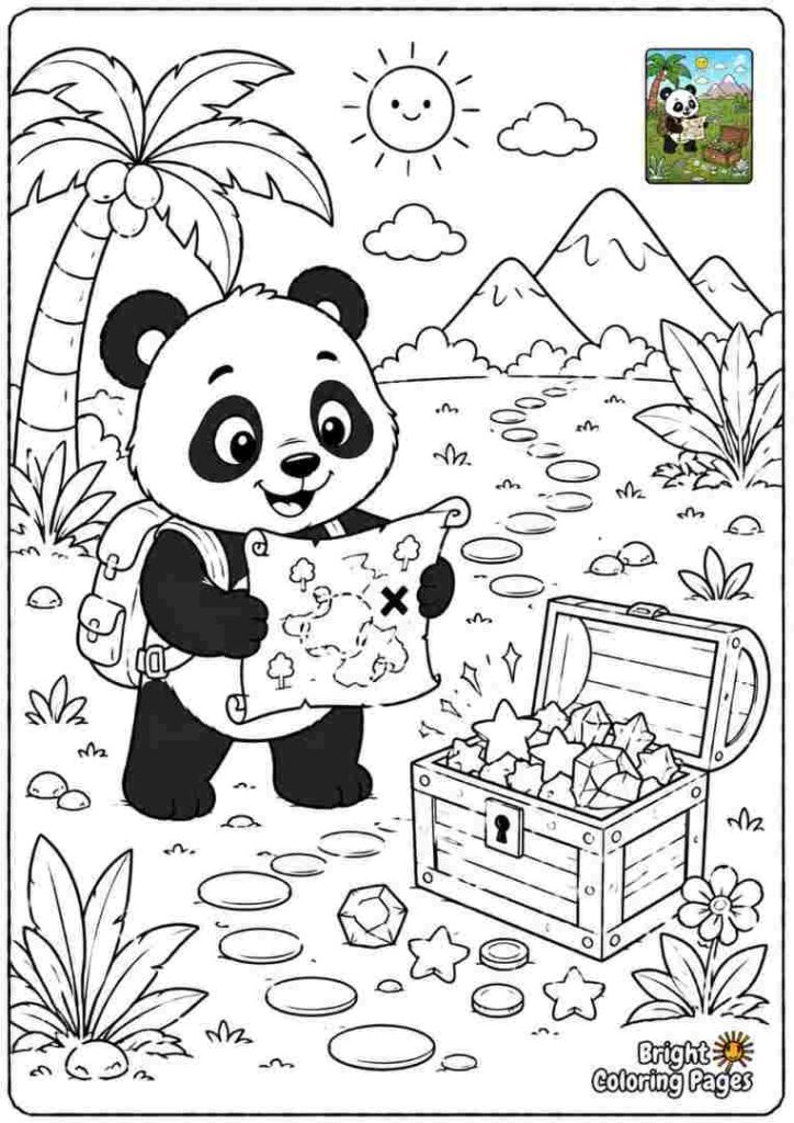 Panda Treasure Hunt free coloring page for kids 
