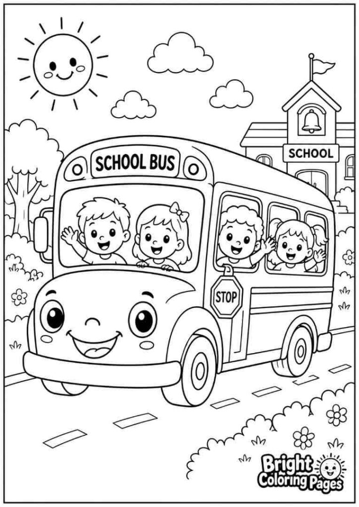 Happy School Bus coloring page for kids 